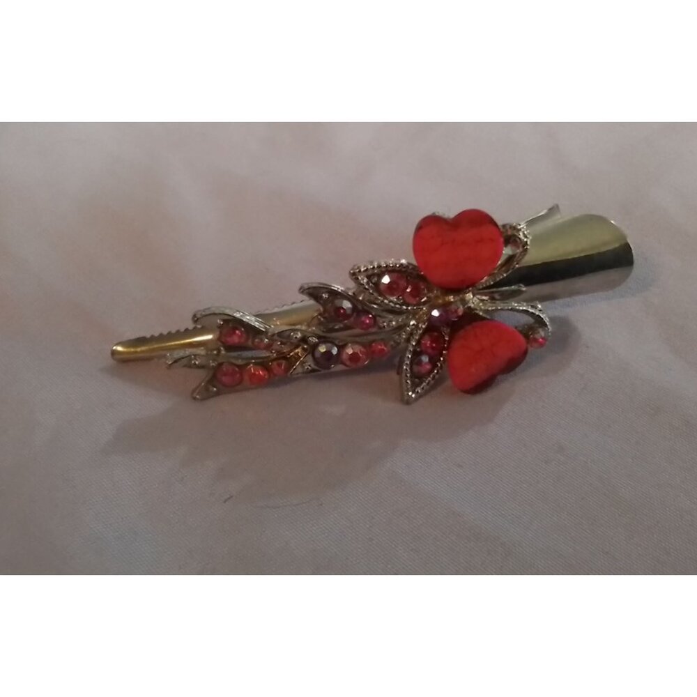 Vintage Red Heart Butterfly & Rhinestone Metal Hair Clip Barrette